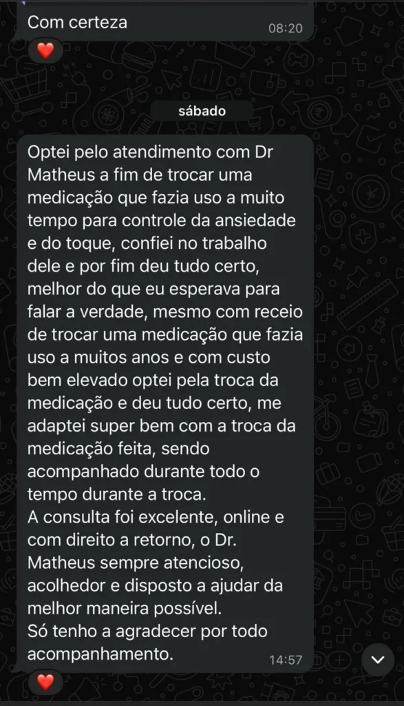 Print de depoimento de paciente 4 (anônimo)